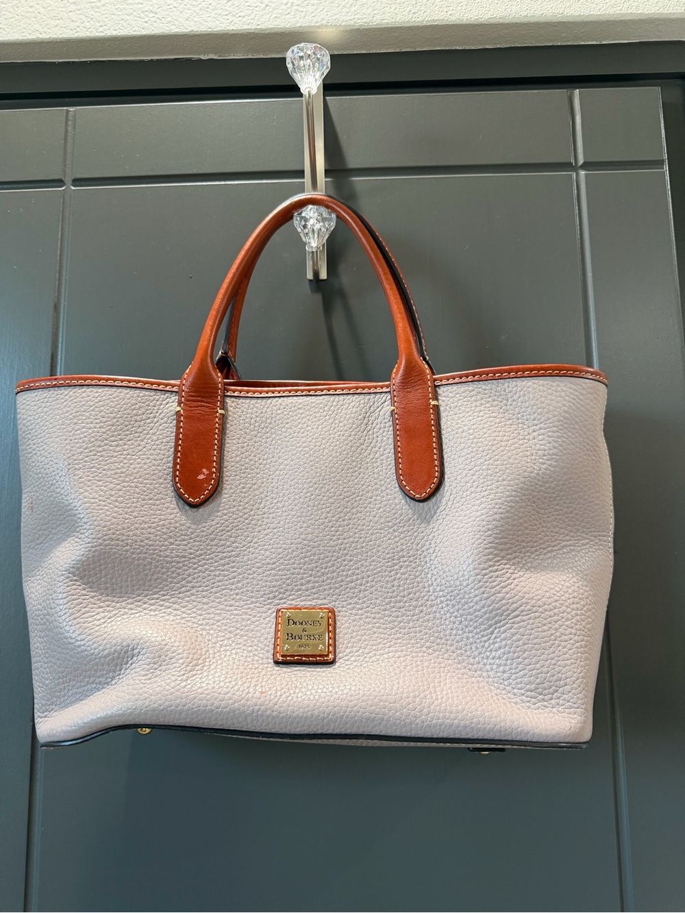 Dooney & Bourke Pebble Leather Tote in Light Gray with Brown Trim
